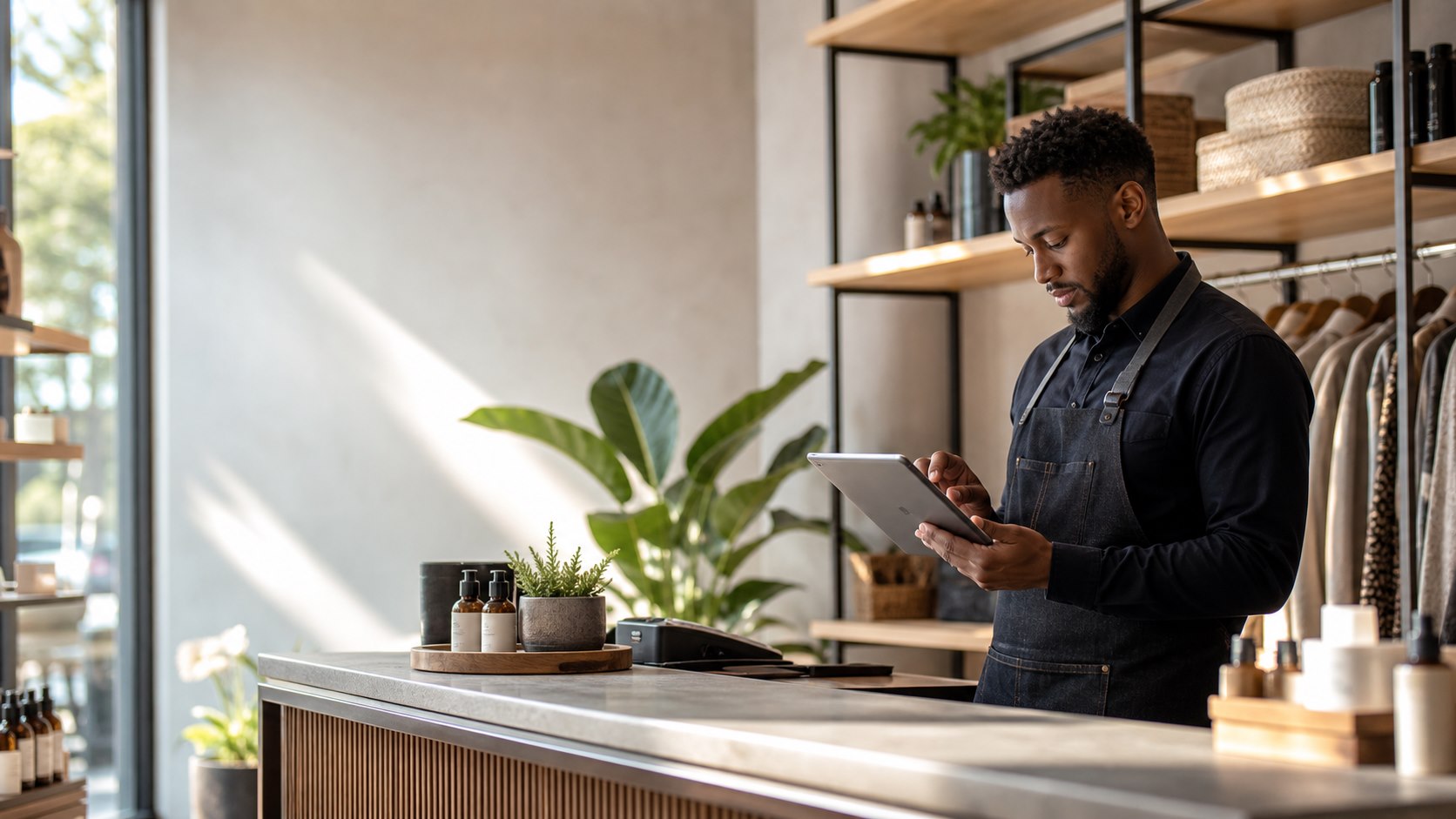 Business owner using a mobile device to manage daily systems