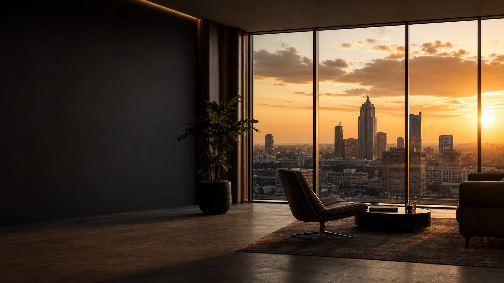 Sunset view over a growing city business district from a quiet office