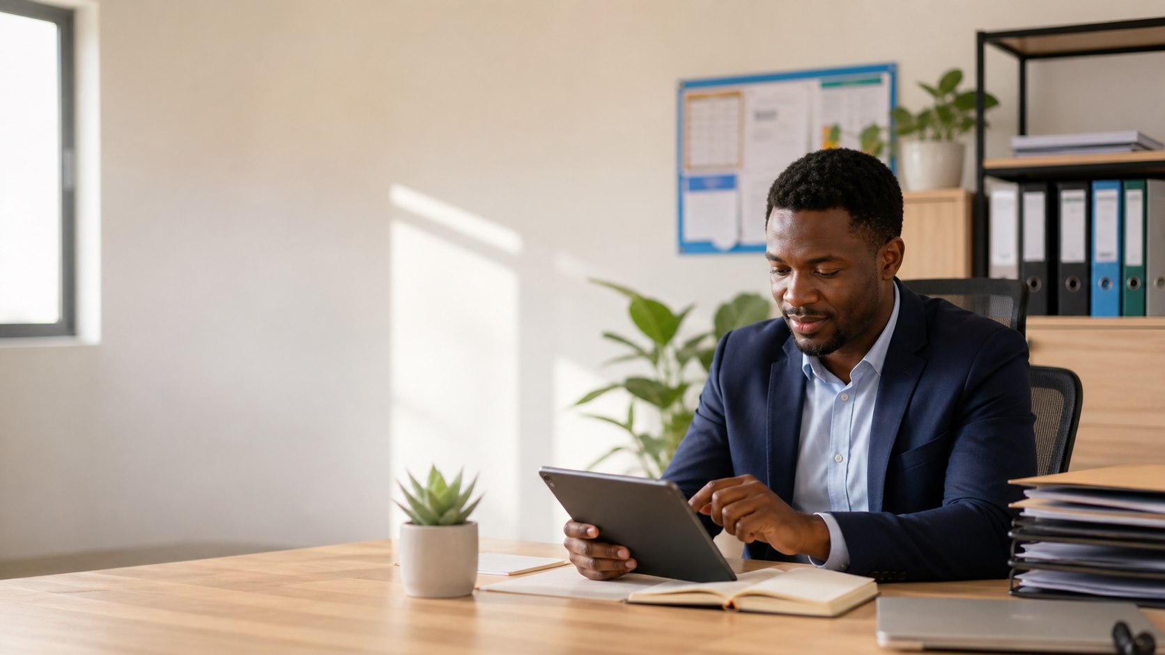 Education administrator reviewing digital school information at a desk