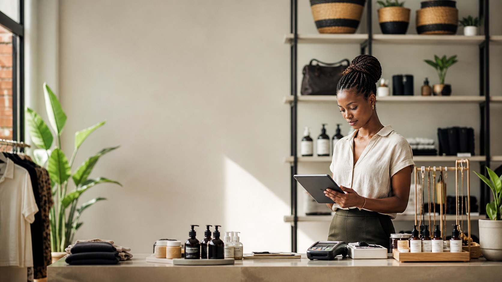 Retail operator preparing products in a bright boutique store