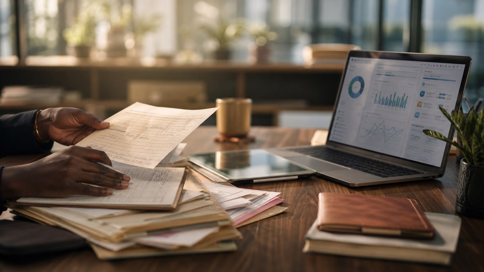 Business documents and analytics dashboard showing manual work becoming digital workflow