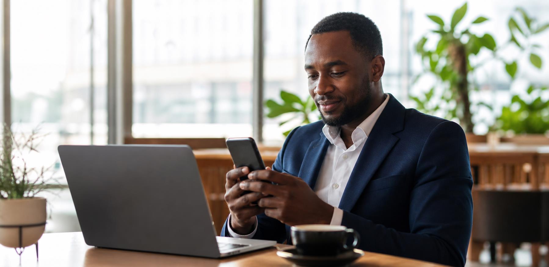 Professional using a mobile business service in a bright workspace