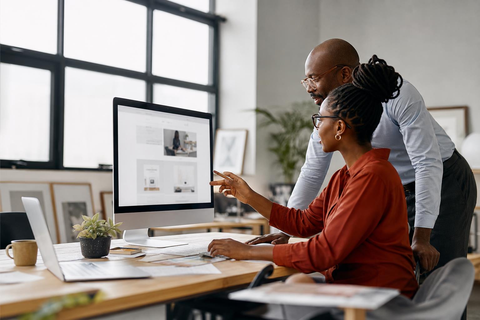 Business team reviewing a digital experience in a premium studio